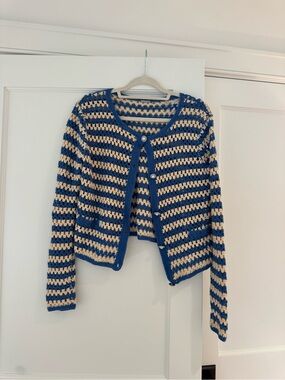 Elie Tahari Blue and Cream Crochet Stripe Cardigan